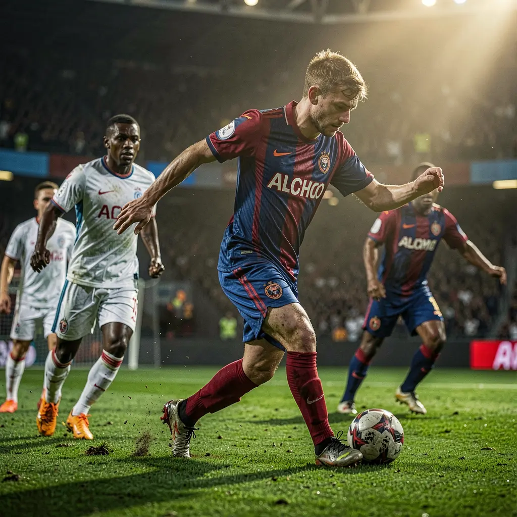 ARAI333 Bet – Place smart football bets on top matches in Malaysia Intense soccer moment with players battling for the ball in a large stadium illustrating high stakes football betting on ARAI333 in Malaysia